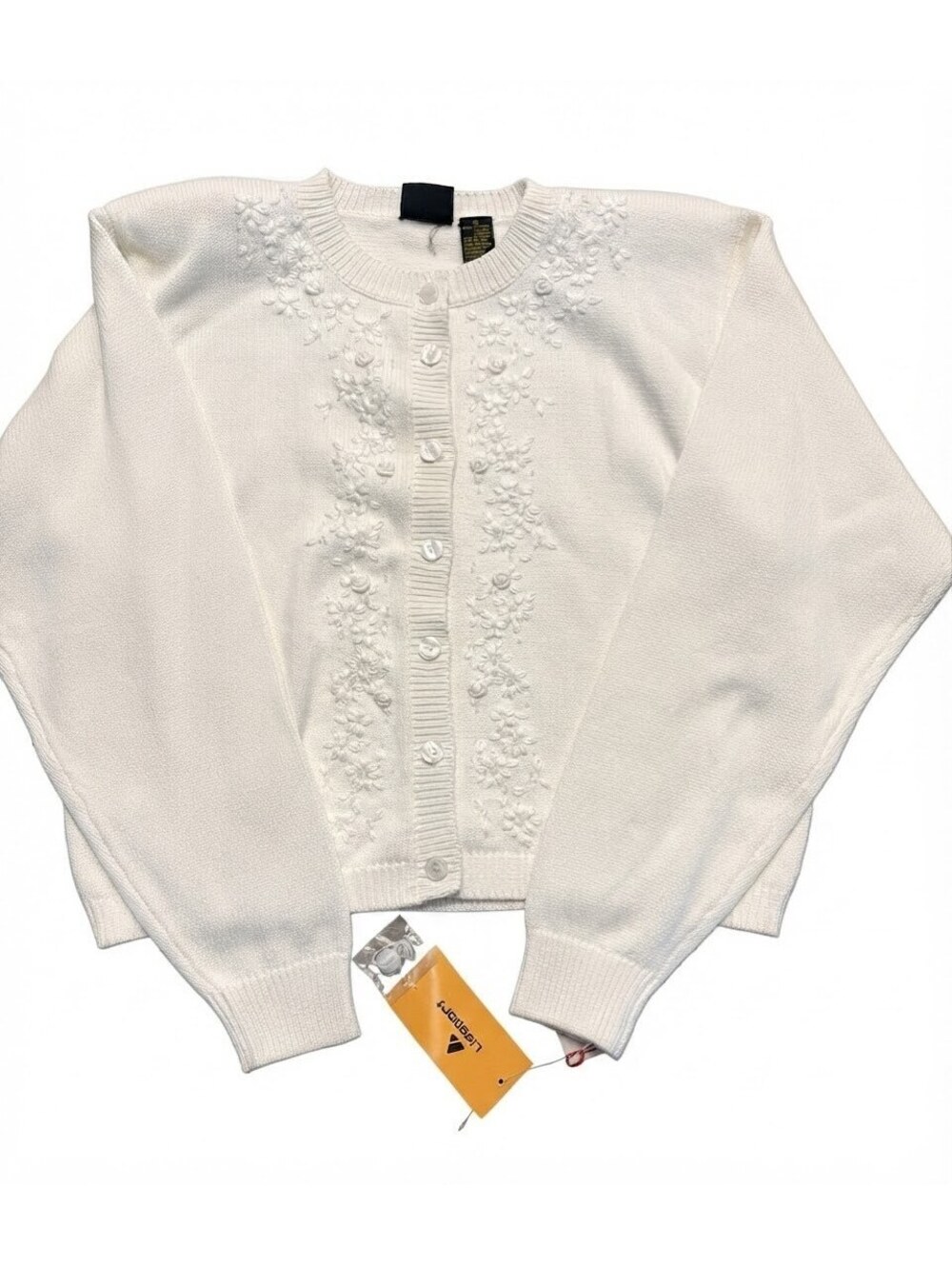 NWT Lizsport "Picnic in the Park" White Hand Embroidered Cardigan Sweater Medium